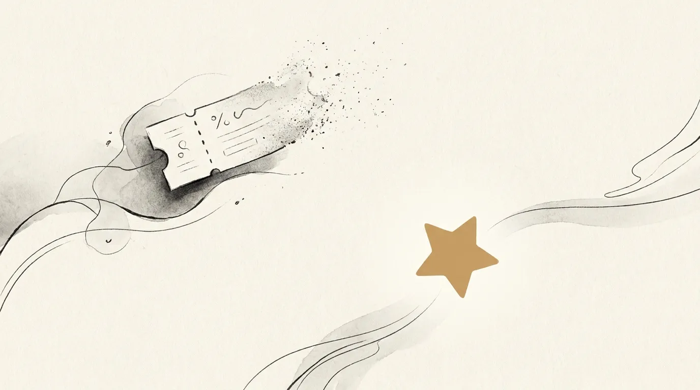 A paper coupon dissolving into soft light while a single calm star shape rises on its own