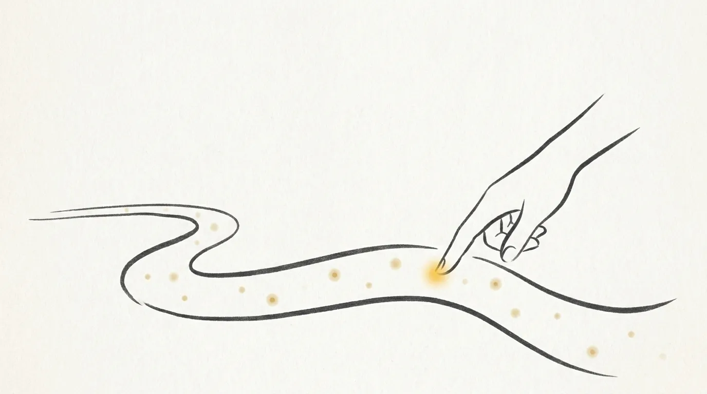 An abstract editorial scene of a hand reaching toward a single bright point drifting in a stream of passing moments