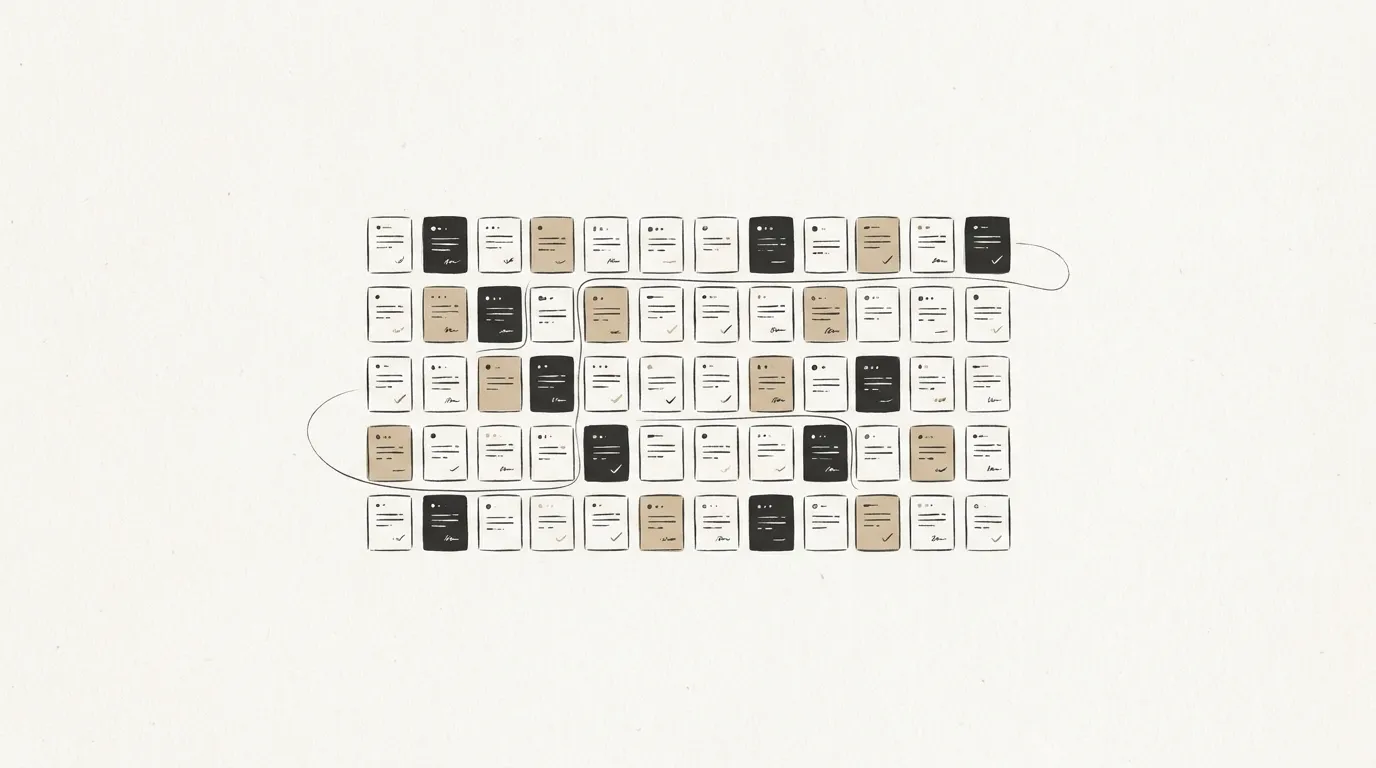 Editorial illustration of small praise cards collected into one organized wall on a single calm page.