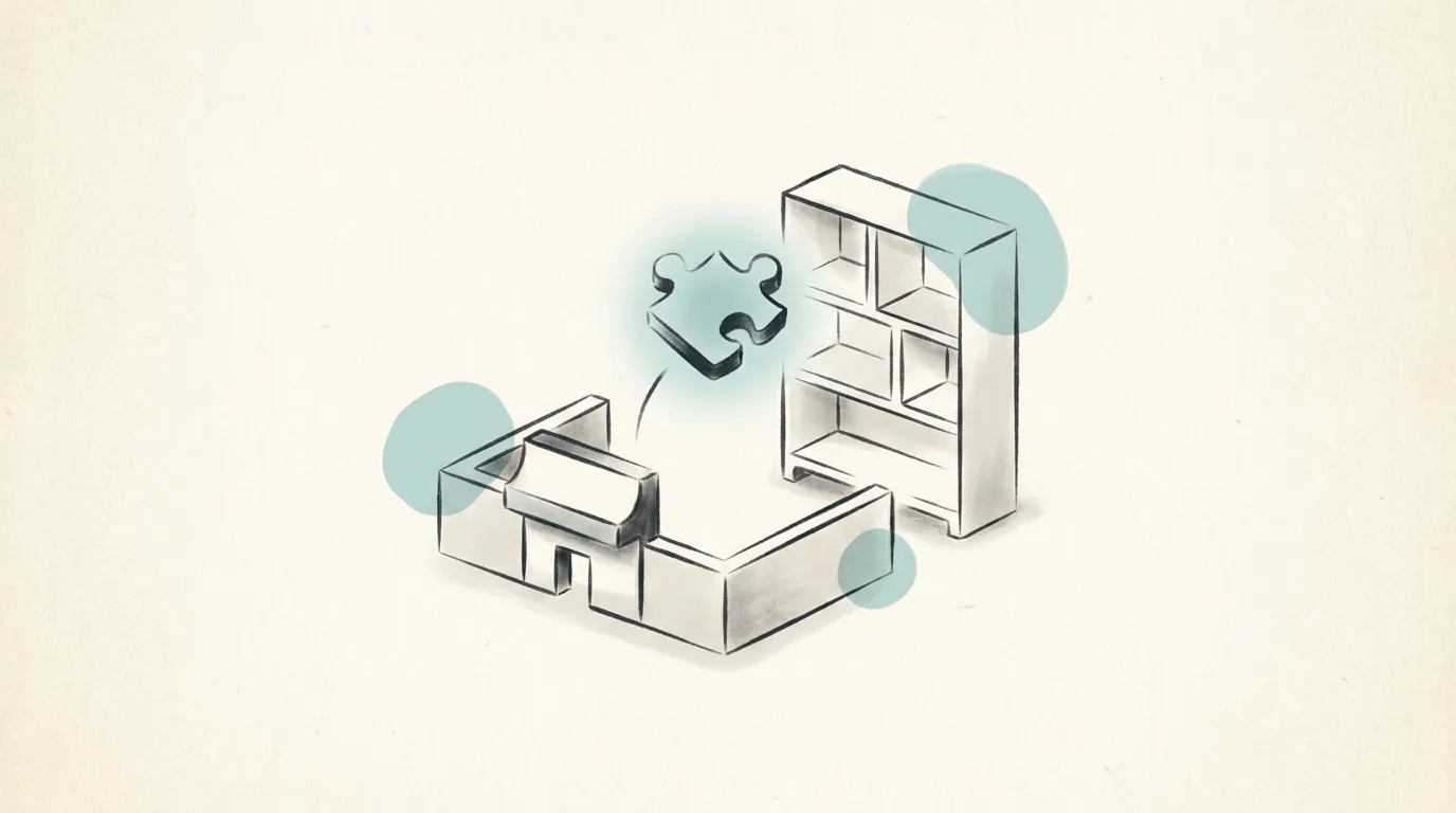 A browser toolbar puzzle piece lifting away from a walled storefront toward an open personal shelf