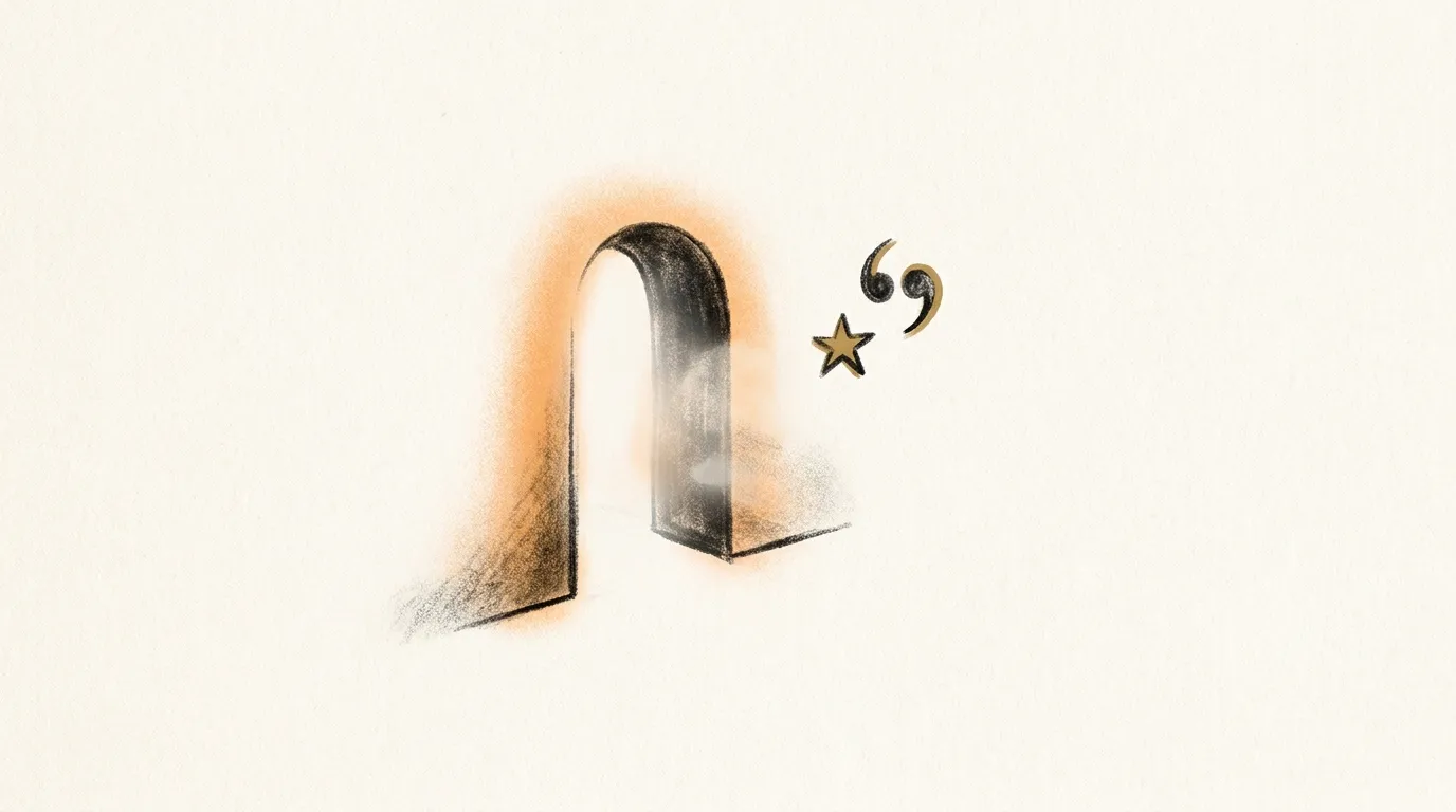An abstract editorial scene of a small star and a quote mark resting near a softly glowing open doorway