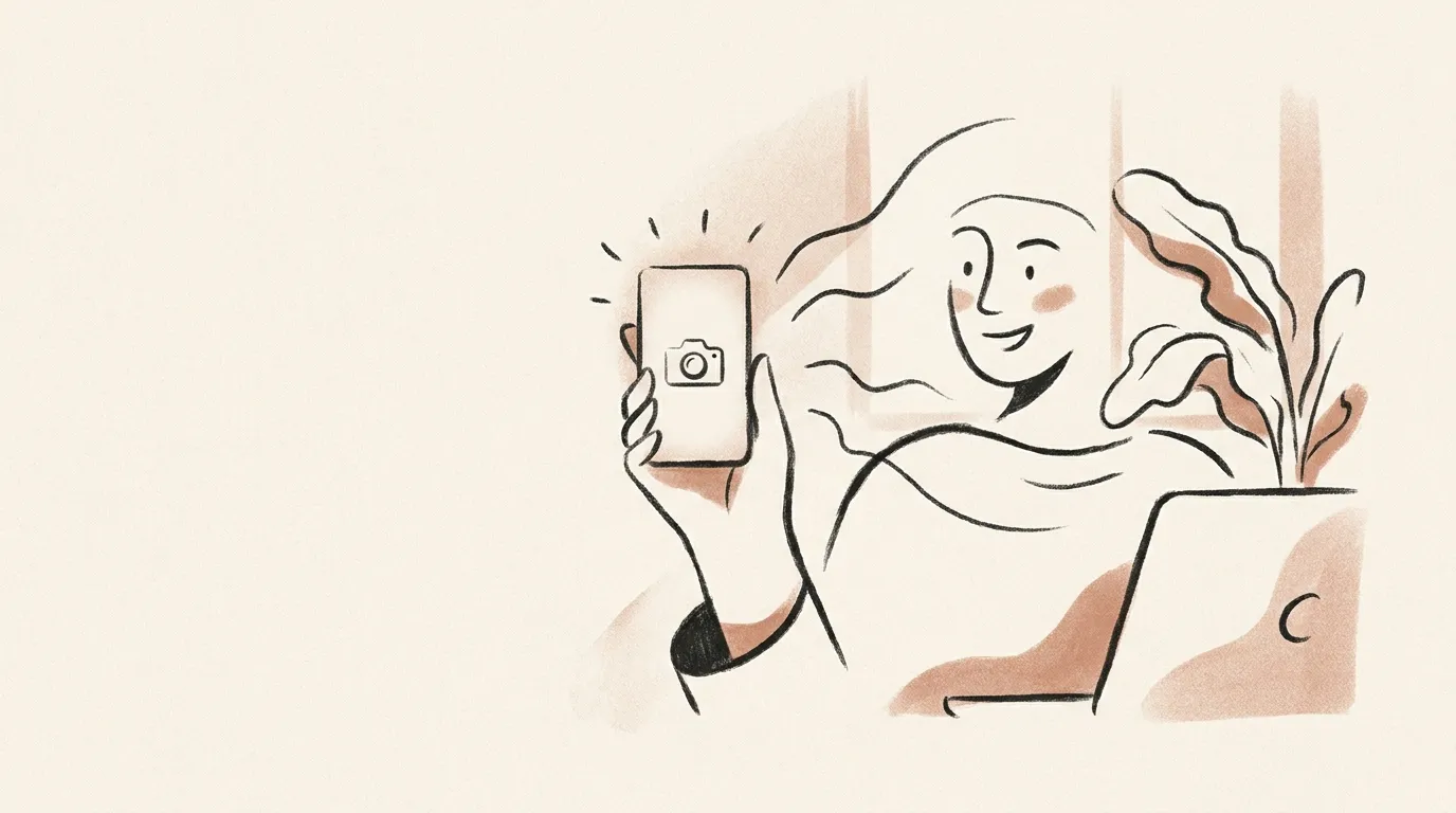 A smiling customer holds a smartphone at arms length, recording a short video testimonial in a bright home office