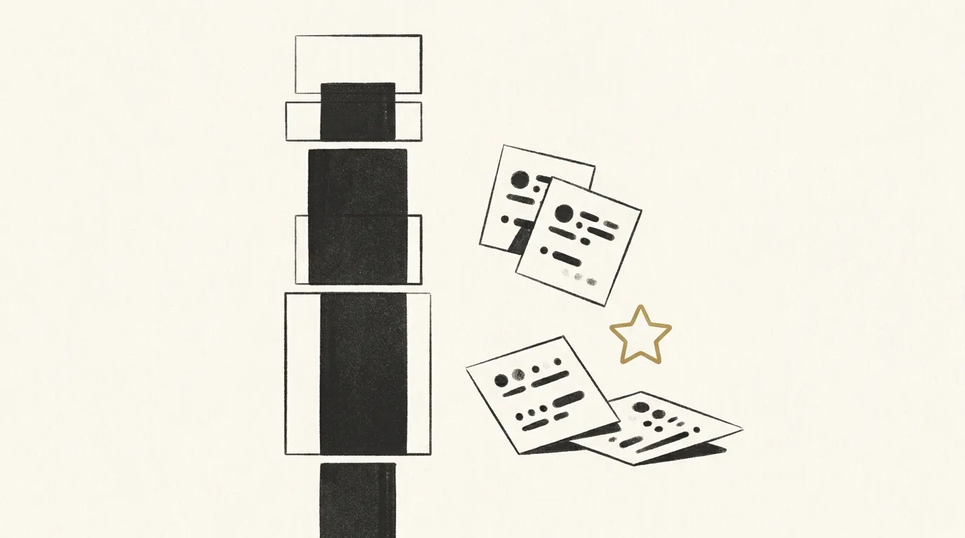 Editorial illustration of small praise cards resting beside a simple column of pricing plans on a calm page.