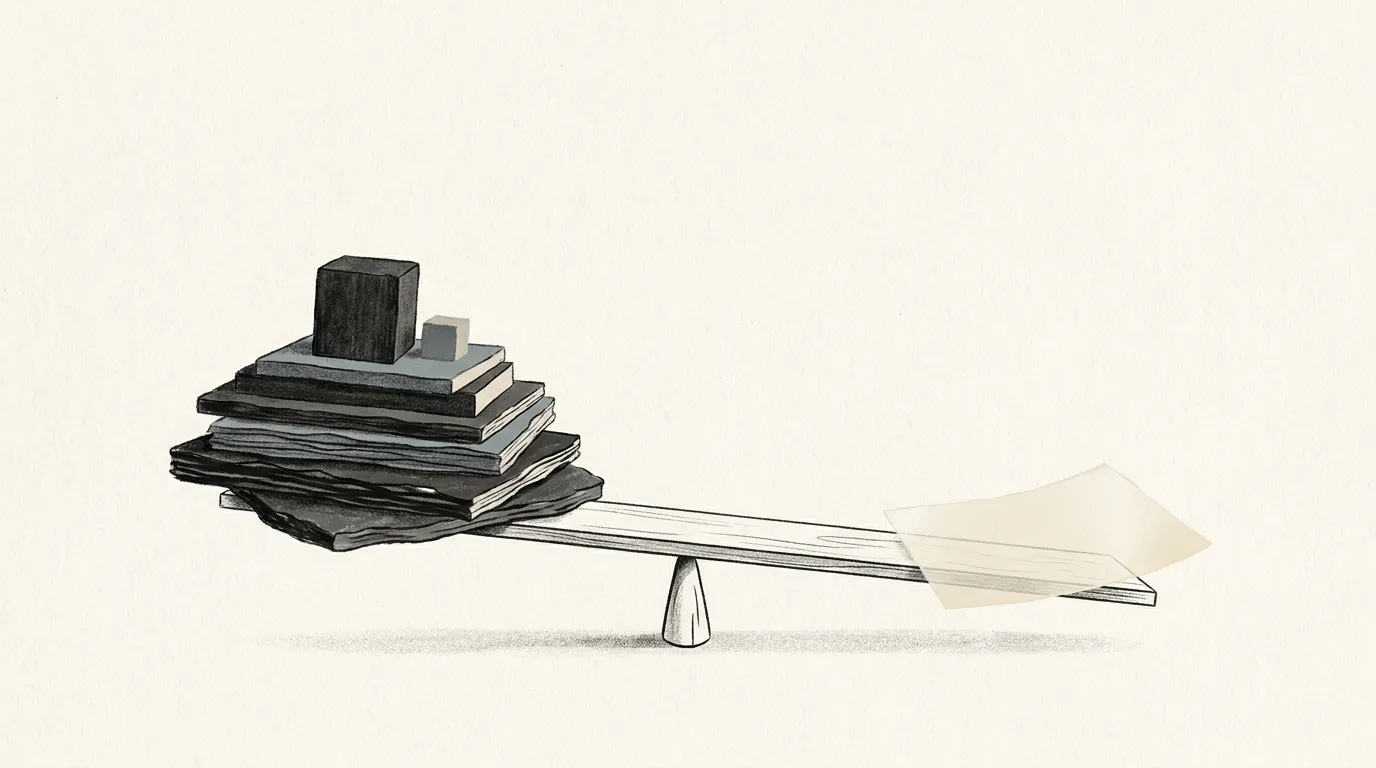 A heavy stack of layered slabs balanced against a single thin sheet on a calm beam, suggesting the weight difference between embed types