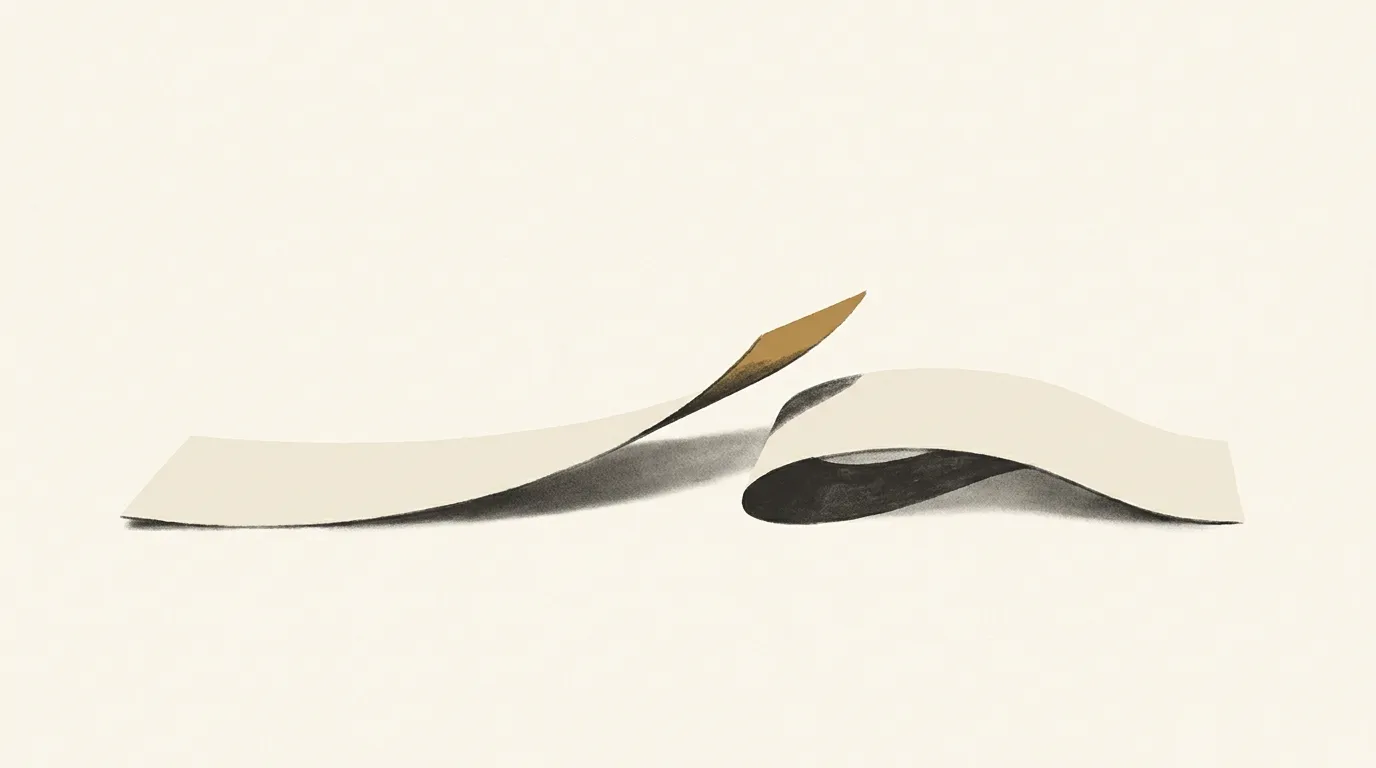 A long pale paper ribbon lying flat on a warm cream surface with one narrow segment lifted and set slightly apart from the rest