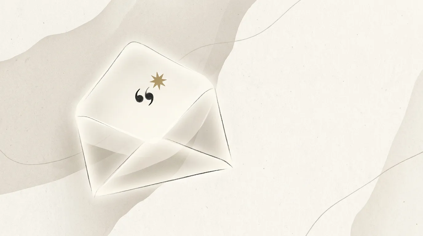 An abstract editorial scene of a small quote mark and a star nestled inside an open envelope of soft light