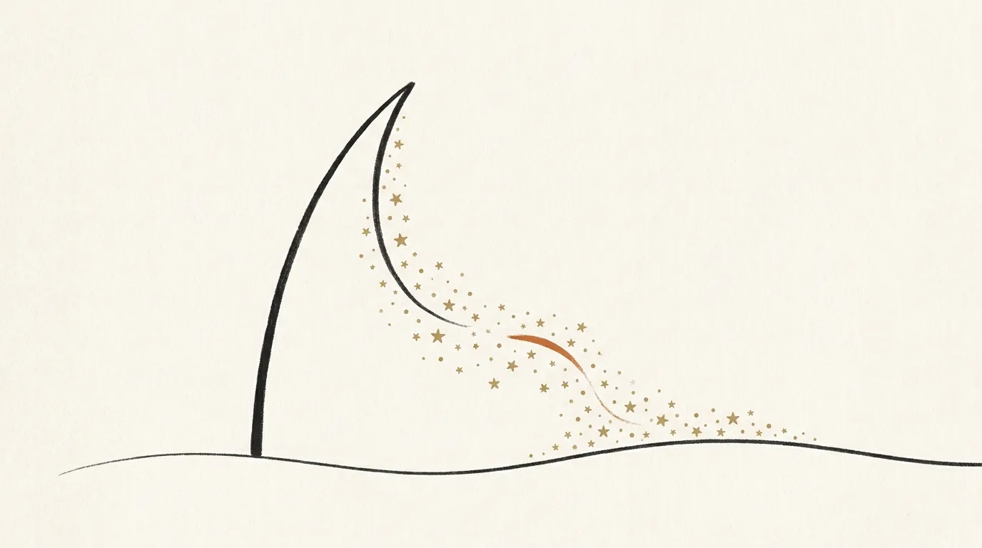 An abstract editorial scene of a single rising spike softening into a steady stream of small star shapes settling onto a calm surface