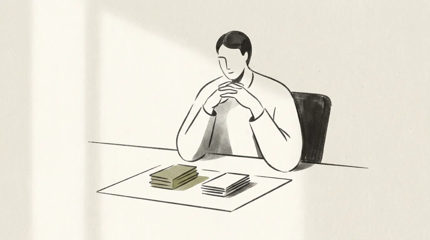 A calm software founder sorting a small stack of review cards into two piles, one kept and one set aside