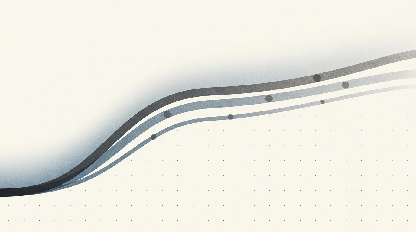 Three slate and pale blue bands curving upward together across a cream surface dotted with a faint measurement grid, small markers spaced along each band