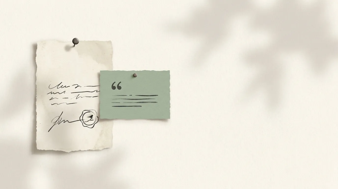 Editorial illustration of a signed note being pinned beside a quote card on a calm wall.