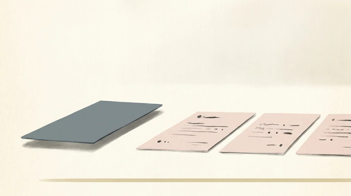 A single blank card resting face down on a warm cream surface beside a neat row of small cards that all face upward