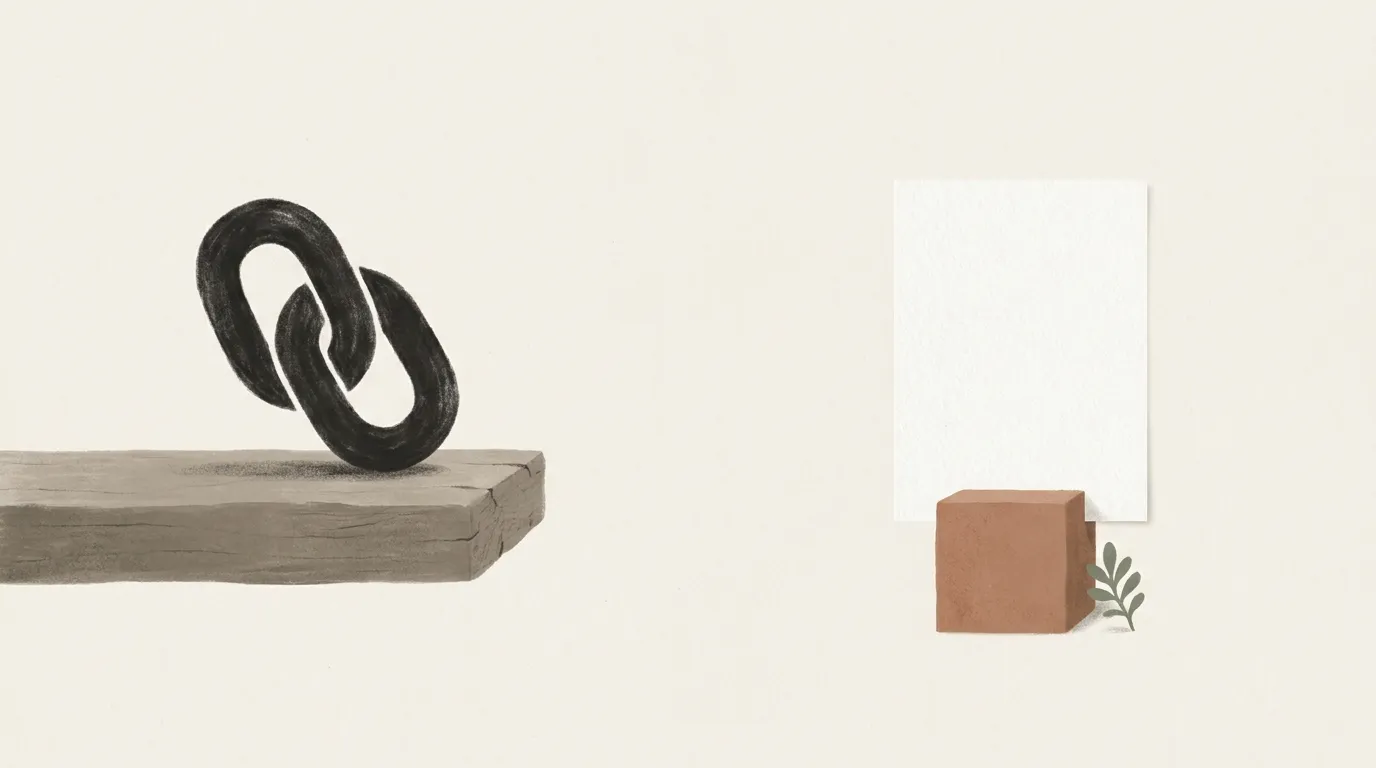 A single loose chain link resting on a shelf that belongs to someone else, beside a small sheet of paper standing on its own solid base