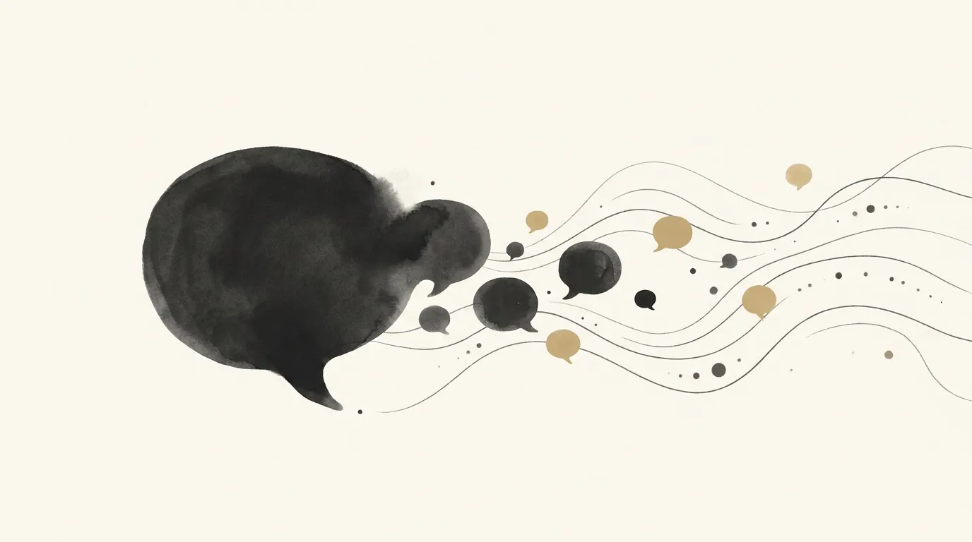A single speech bubble multiplying into several smaller bubbles drifting across a calm abstract social feed