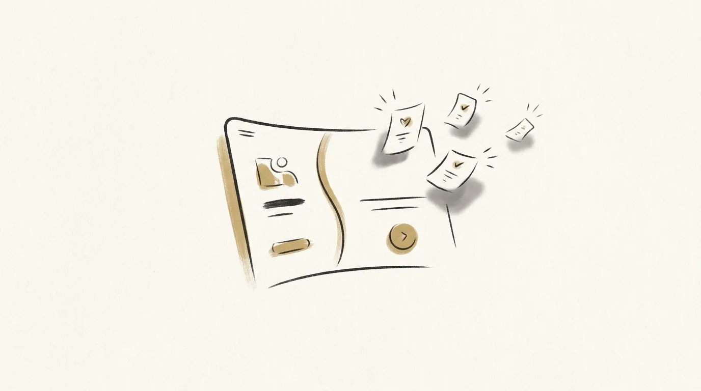 Editorial illustration of small praise cards floating gently near an onboarding panel and an upgrade button in a calm product interface.