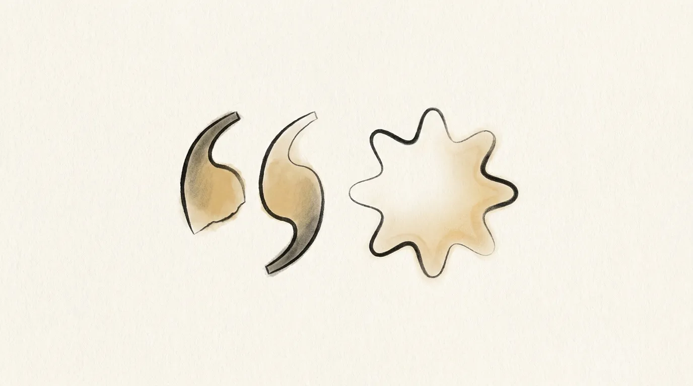 Two abstract speech shapes side by side, one calm and framed, the other open and unfiltered, in soft editorial light
