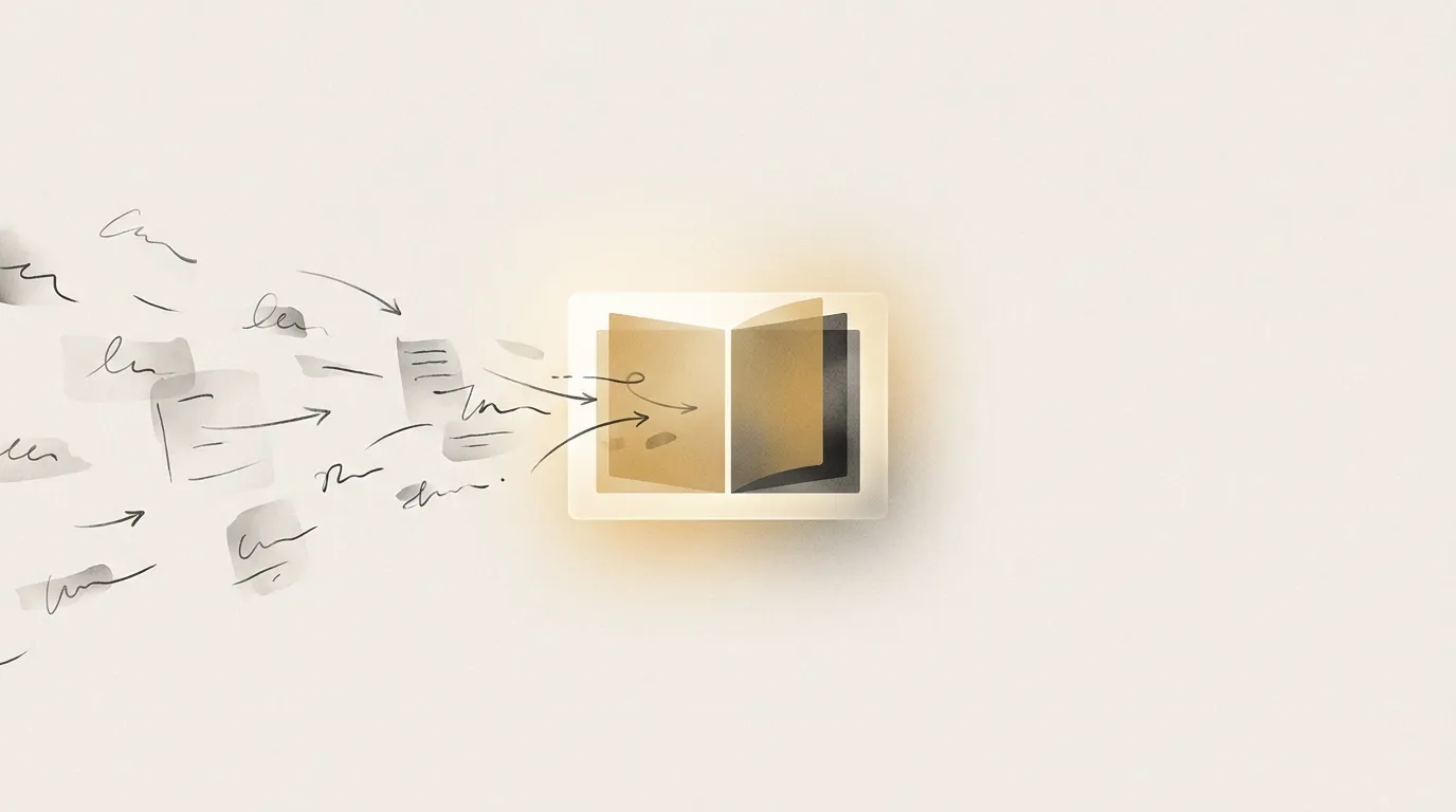 An abstract editorial scene of scattered private notes drifting together into a single bright public panel