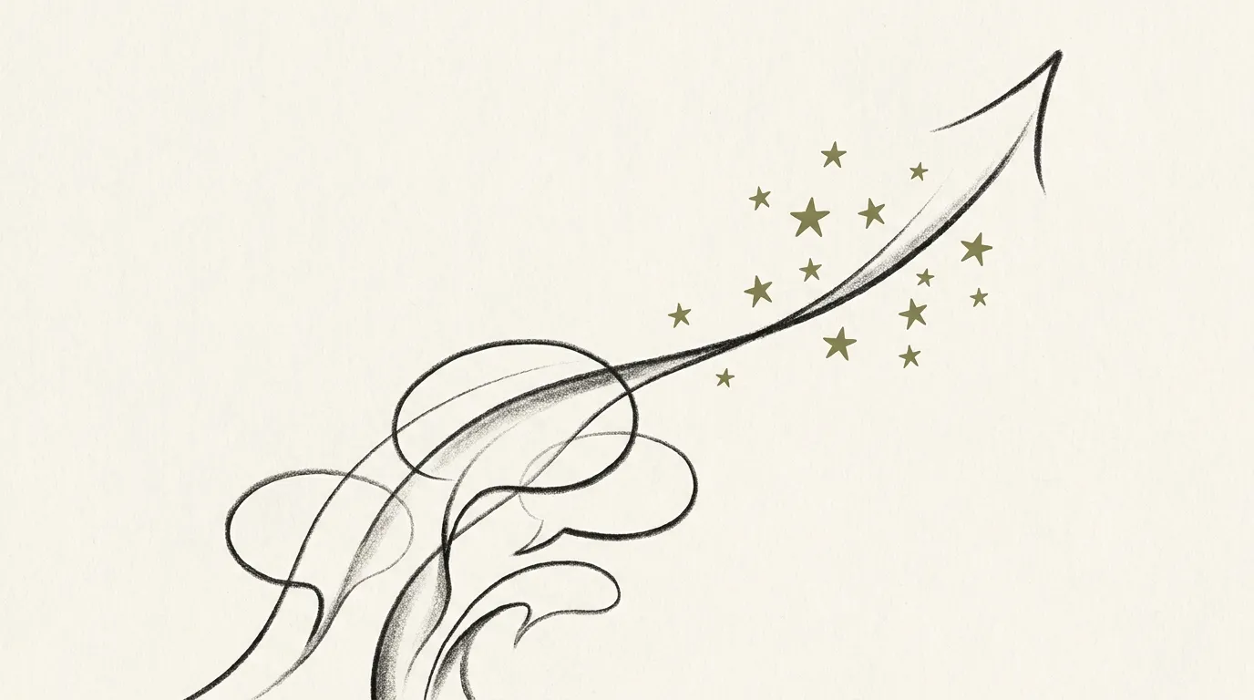 Editorial illustration of speech bubbles turning into a rising search result with small stars, suggesting reviews feeding organic growth.