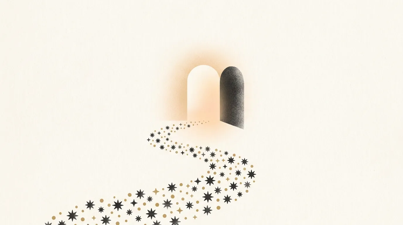 An abstract editorial scene of small star shapes forming a gentle path that leads toward an open doorway of soft light