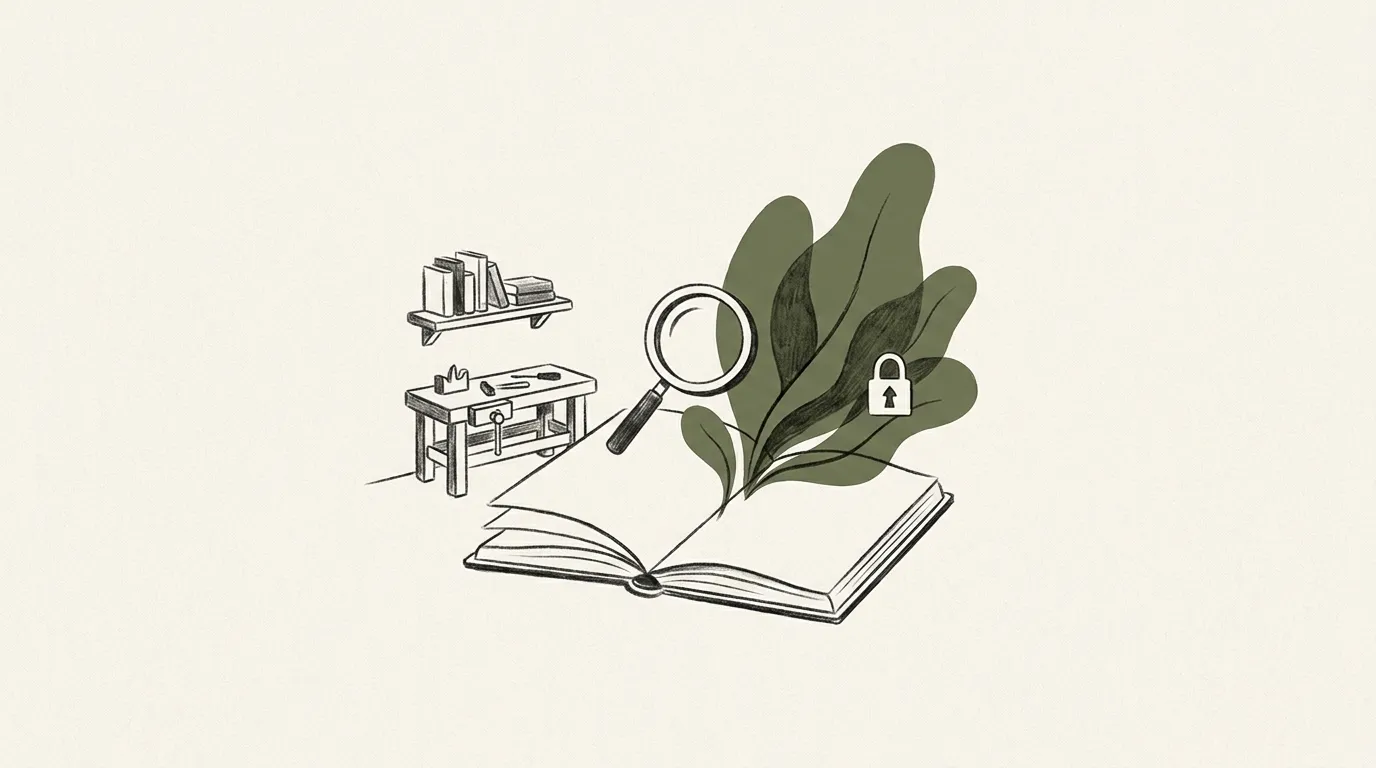 Editorial illustration of an open notebook, a magnifying glass and growing leaves, suggesting compounding trust.